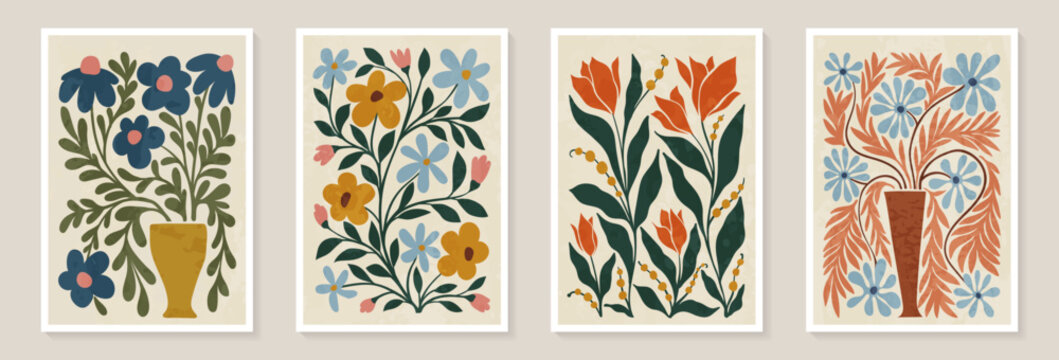 Set of trendy vintage wall prints with flowers, leaves, shapes. Modern aesthetic illustrations. Bohemian style Collection of contemporary artistic Design wall decoration, postcard, poster, brochure