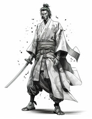 Fantasy character with Asian influences, black white illustration, samurai warrior, outline for coloring book page, AI generative coloring card