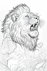 Obraz premium Fierce lion roaring in the jungle, line art for coloring book, crisp lines, white background, AI generative