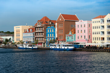 Fototapeta na wymiar Colonial style buildings in the historic city center .Willemstad. Curacao. July 27, 2022.