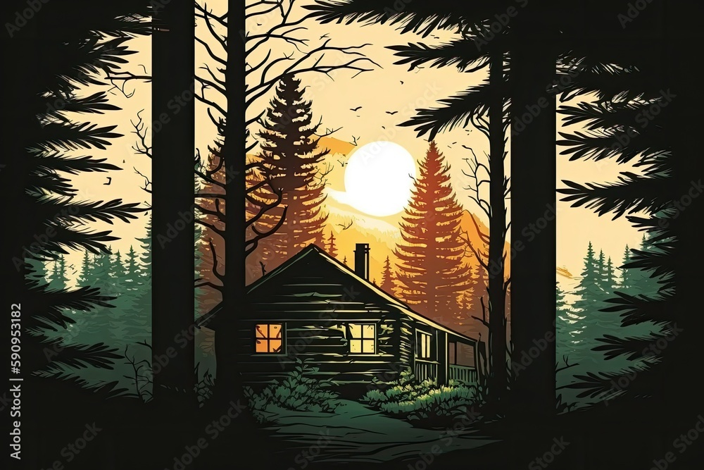 Wall mural cozy cabin in the heart of a tranquil forest. Generative AI