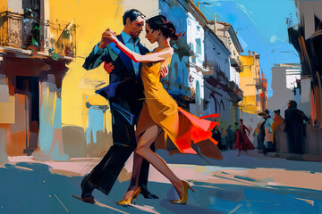Couple dancing tango on street in Argentina, colorful town, retro futuristic style, AI generative illustration - obrazy, fototapety, plakaty