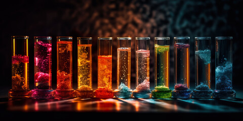 Transparent glass tubes with colorful liquid flame and shiny sparkles on black background, AI generative panoramic banner