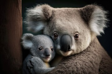 mother koala and her baby cuddling in a eucalyptus tree. Generative AI