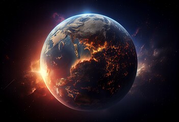 Obraz na płótnie Canvas Beautiful 3d earth planet 3d render. Concept of climate change, dark night, cities lights, sunrise. World planet satellite, Stars, nebula and galaxy 3d render. Sunrise from outer space. Generative AI