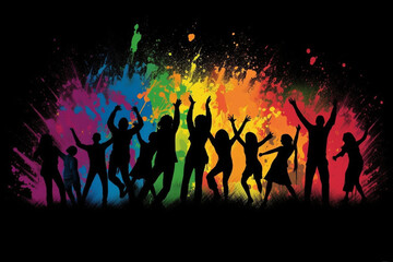 Obraz na płótnie Canvas Dance logo, crowd of people dancing, silhouette with vibrant rainbow colors.