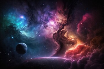 vibrant space landscape with planets and clouds. Generative AI