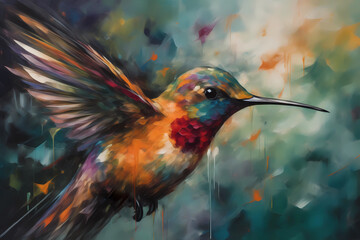 Fototapeta premium Abstract art - painting of a hummingbird as the main object