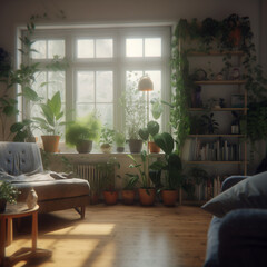 modern living room. Plants, green, cozy, designer. Created using generative AI.