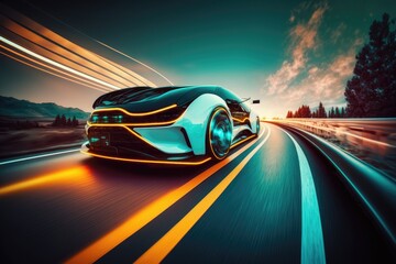 Obraz na płótnie Canvas sleek and modern car cruising down a futuristic city street at night. Generative AI