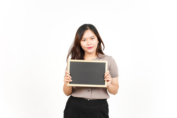 Fototapeta premium Showing, Presenting and holding Blank Blackboard Of Beautiful Asian Woman Isolated On White