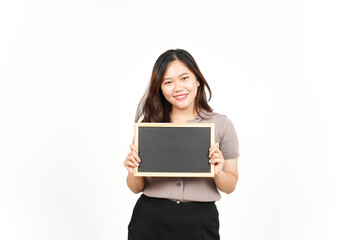 Fototapeta premium Showing, Presenting and holding Blank Blackboard Of Beautiful Asian Woman Isolated On White