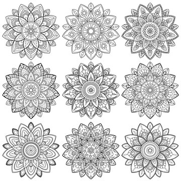 Detailed floral Mandalas set. Vector illustration collection of outline black mandalas for coloring, decoration, print, tattoo