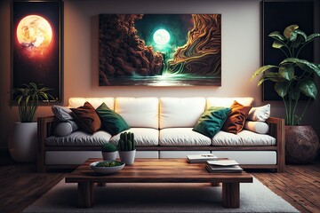 modern living room with a white couch and colorful abstract painting on the wall. Generative AI