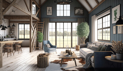 Realistic and Impressive Modern Farmhouse Interior Design, generative AI