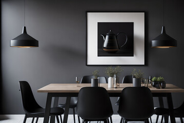 stylish dining room interior with design wooden family table, black chairs, teapot with mug, mock up art paintings on the wall and elegant accessories in modern home decor., generative ai