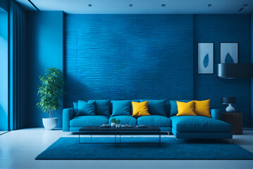 3d rendering image of modern living room interior design and blue wall texture background, generative ai