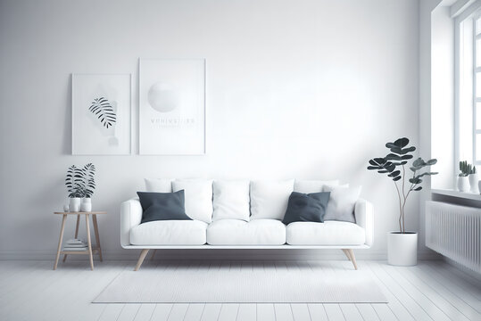 white room with sofa. scandinavian interior design. 3d illustration, generative ai