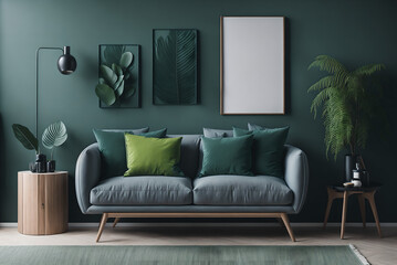 elegant living room interior design with mockup poster frame, modern grey sofa, wooden commode, folding screen and stylish accessories. eucalyptus green wall. template. copy space., generative ai