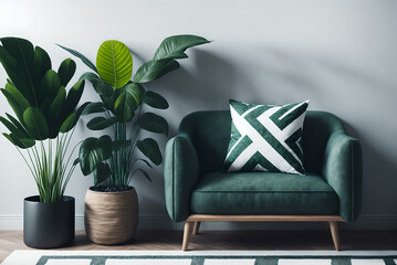 simple urban jungle style interior with green armchair, green plaid, tropical pattern pillow and plant on white wall background. 3d rendering., generative ai
