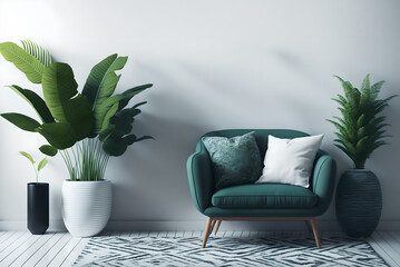 simple urban jungle style interior with green armchair, green plaid, tropical pattern pillow and plant on white wall background. 3d rendering., generative ai