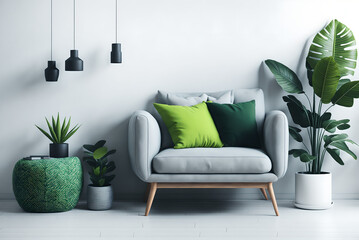 simple urban jungle style interior with grey armchair, green plaid, tropical pattern pillow and plant on white wall background. 3d rendering., generative ai