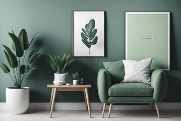 stylish interior design of living room with modern mint sofa, wooden console, cube, coffee table, lamp, plant, mock up poster frame,decoration and elegant accessories in home decor, generative ai