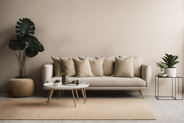 interior design of living room with copy space, beige sofa, side table, leaf in vase, pouf, elegant accessories and boucle rug. beige wall. minimalist home decor. template., generative ai