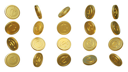 3D rendering of set of abstract Ghanaian cedi coin concept in different angles. Cedi sign on coin...