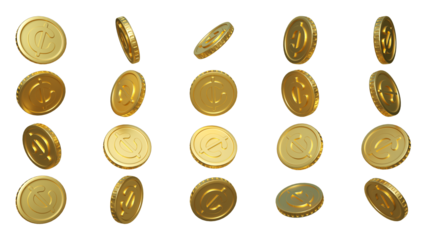 3D rendering of set of abstract Ghanaian cedi coin concept in different angles. Cedi sign on coin design isolated on transparent background