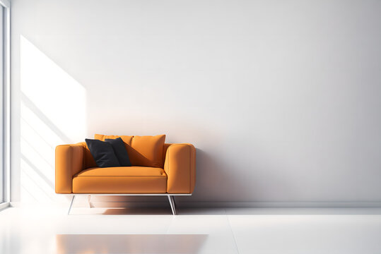 An armchair in a contemporary, minimalist setting against a background of a blank white wall.generative AI, 3D rendering
