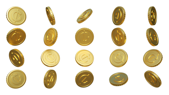 3D rendering of set of abstract Ghanaian cedi coin concept in different angles. Cedi sign on coin design isolated on transparent background - Powered by Adobe