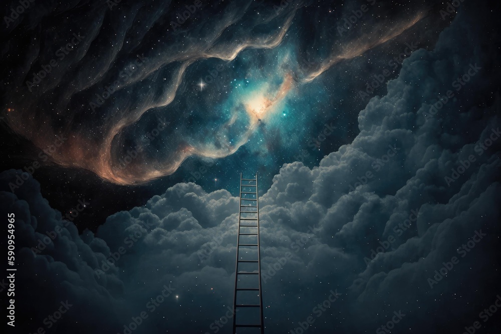 Wall mural magical stair up to night sky full of stars. superlative generative ai image.