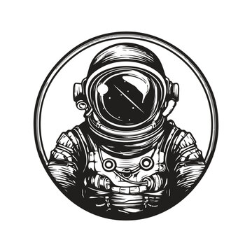astronaut, vintage logo concept black and white color, hand drawn illustration