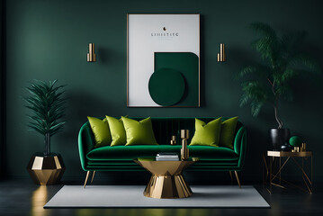 luxury living room in house with modern interior design, green velvet sofa, coffee table, pouf, gold decoration, plant, lamp, carpet, mock up poster frame and elegant accessories, generative ai