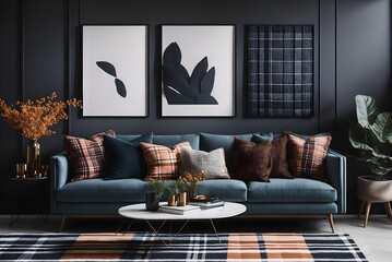 interior design of cozy living room with stylish sofa, coffee table, dired flowers in vase, mock up poster, carpet, decoration, pillows, plaid and personal accessories,generative ai