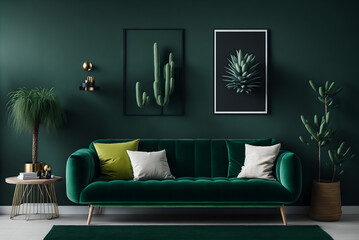 stylish scandinavian interior of living room with design green velvet sofa, gold pouf, wooden furniture, cacti, carpet, cube, copy space and mock up poster frames. template., generative ai