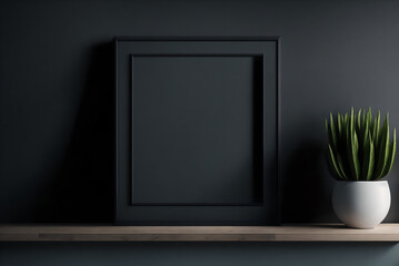 Mockup frame on a cabinet in a living room interior on an empty dark wall background, 3D rendering, generative ai