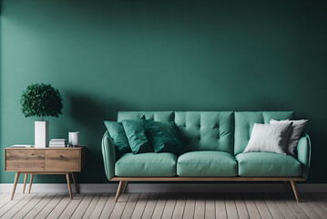 Interior: green mint wall with sofa and sideboard on wood floor, generative AI