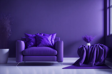 Modern living room design, Purple armchair on purple wall and white floor, 3d render, generative ai