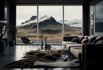 Iceland Luxury Living Room Interior with Icelandic Mountain ViewMade with Generative AI