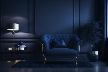 3D rendering of a dark blue living room interior with a cosy luxury armchair, generative ai