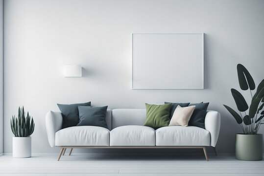 Mockup of an interior wall with an empty white wall, a grey sofa, beige pillows, and a green plant in a vase. Right side has a blank space. Illustration, 3D rendering, and generative AI