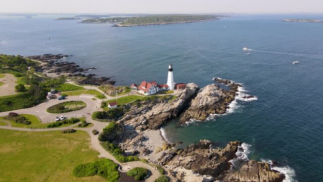 Portland Head Lighthouse aerial view in summer, Cape Elizabeth, Maine, ME, USA. This lighthouse was built in 1791, and is the oldest lighthouse in Maine.