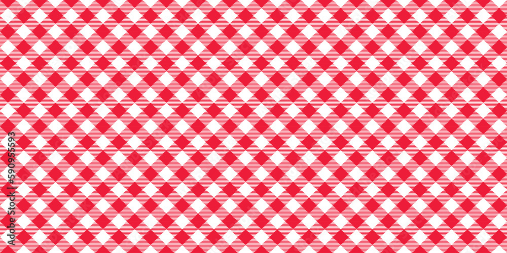Poster seamless diagonal gingham pattern. red and white slanted vichy cage background. checked tweed plaid 
