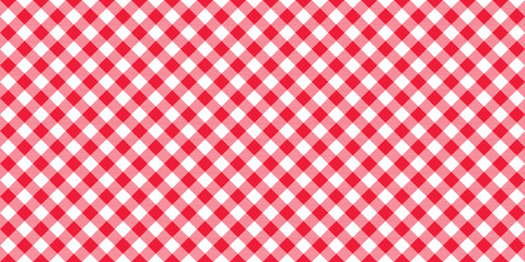 Seamless diagonal gingham pattern. Red and white slanted vichy cage background. Checked tweed plaid repeating wallpaper. Fabric texture design. Vector 