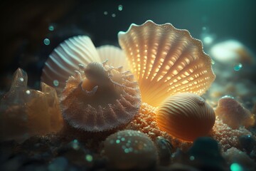 Obraz na płótnie Canvas Close Up Of Seashells Underwater. AI generated, human enhanced.