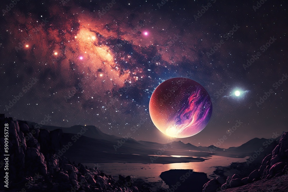 Wall mural mesmerizing space scene with colorful planets and shining stars. generative ai