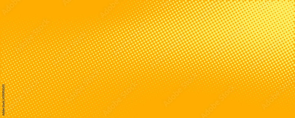 Wall mural Yellow orange halftone pattern. Retro comic gradient background. Square pixilated dot cartoon texture. Pop art faded gradient pattern. Vector backdrop.