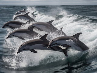 Playful Dolphin Pod Leaping in Ocean Waves